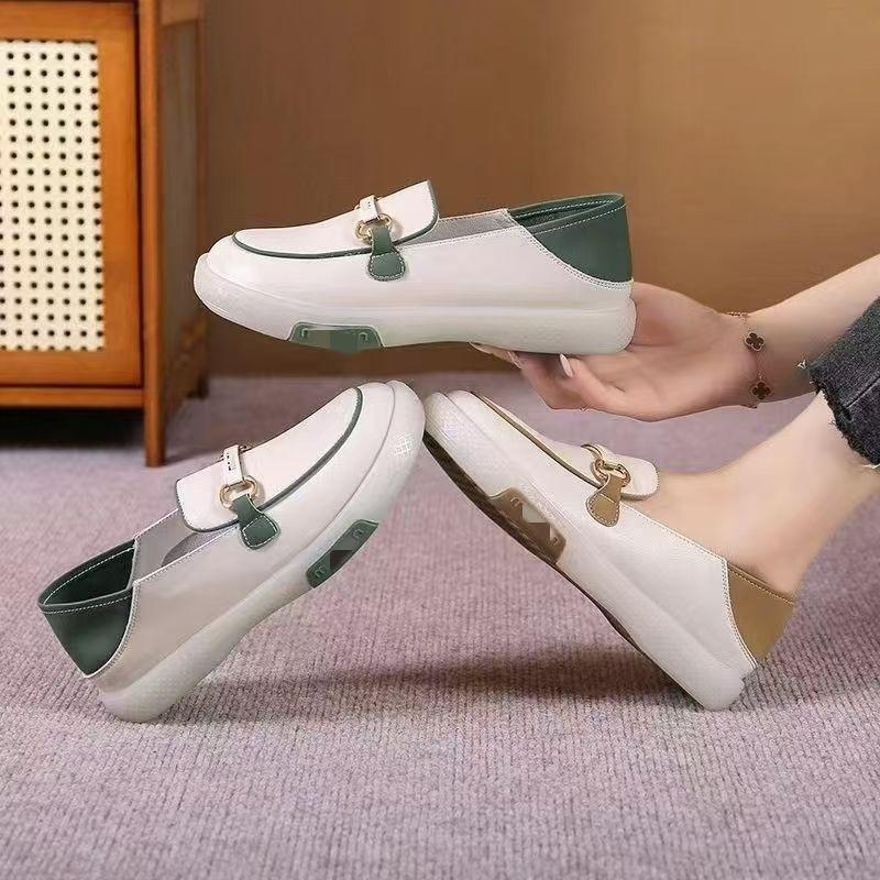 One-pedal women's shoes autumn new little white shoes breathable non-slip soft leather soft sole shallow mouth beef tendon sole