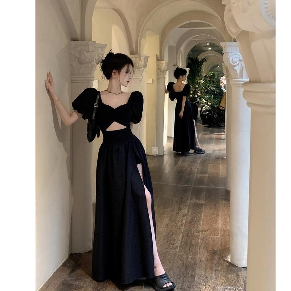 

Official picture French Hepburn style black dress women s collar bubble sleeve skirt waist hollow split temperament long dress M