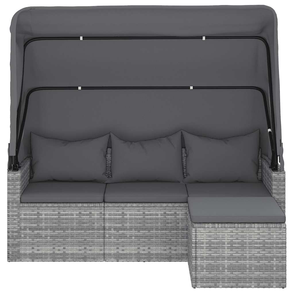 3 Seater Garden Sofa with Canopy and Footstool Grey Poly Rattan