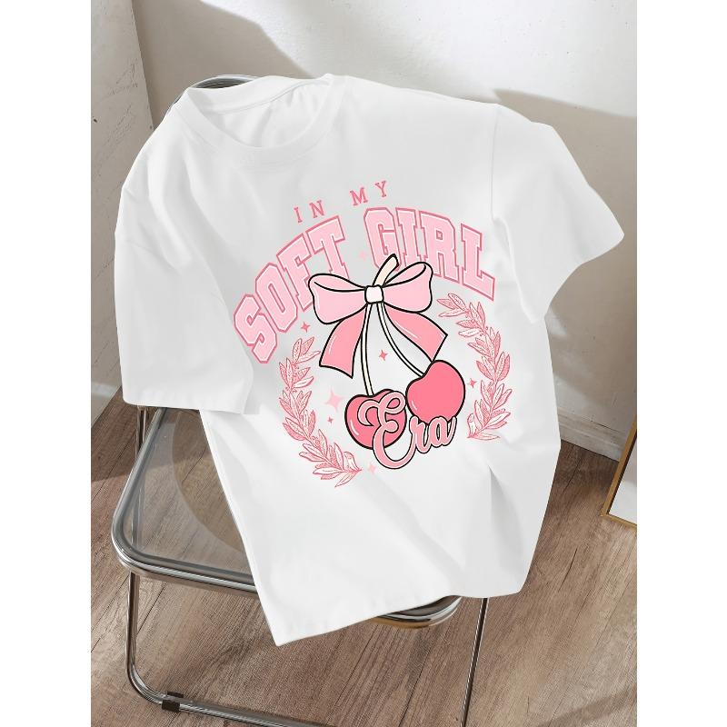 Girls Crewneck Short Sleeve Tee, Stylish Simple Cherry & Bowknot Print Soft Comfortable Summer Casual Top
