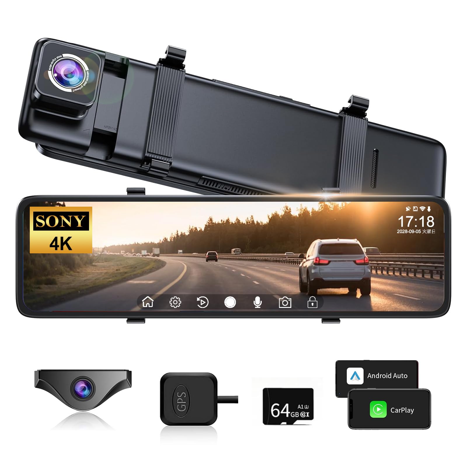 

Видеорегистратор с автоматической совместимостью 4K и широкоугольным изображением, автоматическим аварийным питанием для парковки, памятью 64 ГБ и японской инструкцией в комплекте