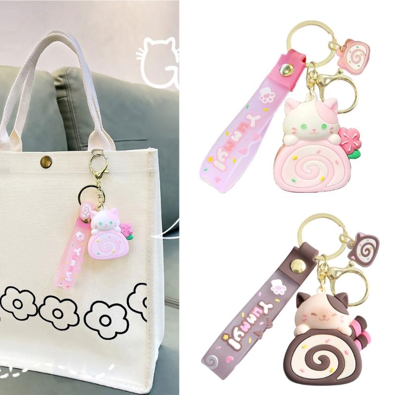 Cartoon Cat Cake  Roll Keychain Jewelry Chic Cat Cake Roll Pendant Keyrings Phone Lanyard Key Chain Charm for Bag Purse