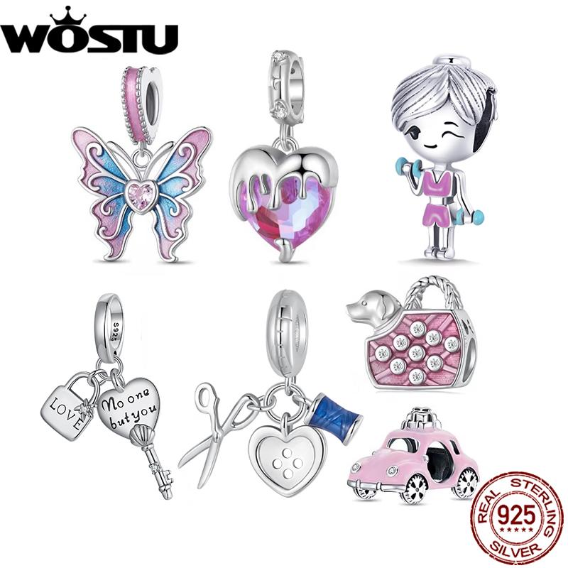 WOSTU 925 Silver Pink Girl Butterfly Charm Car Bead Rainbow Heart Pendant Fit Necklace Bracelet DIY Birthday Jewelry Making