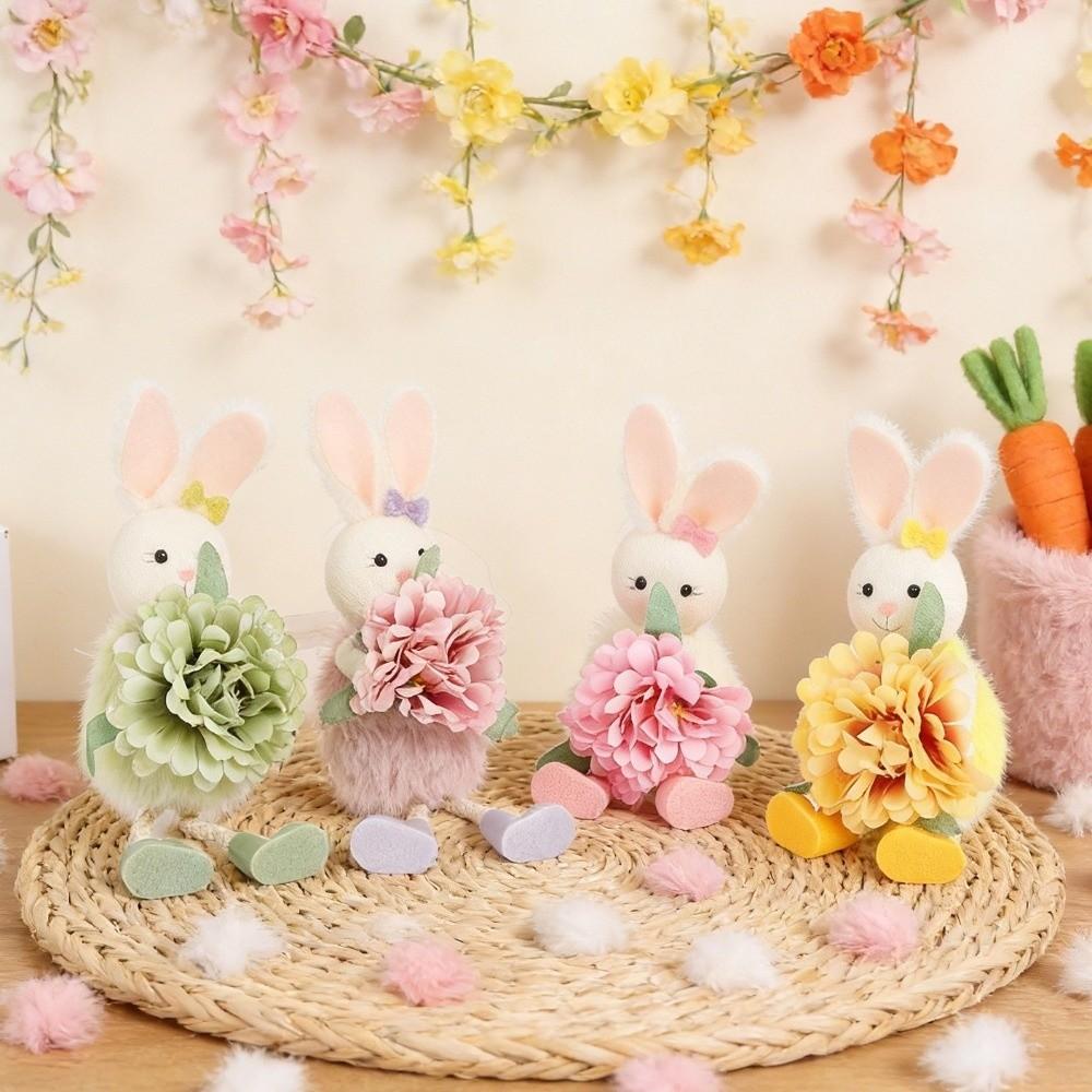 Cartoon Flower Rabbit Figurine Long Legs Easter Bunny Doll Easter Bunny Ornament Holiday Decor