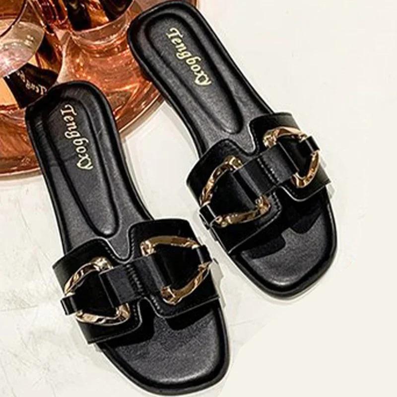 Fashion Women Metal Decor Single Band Flat Sandals Fashion Sexy Open Toe Outdoors Slides Luxurious Office Ladies Party Female Shoes