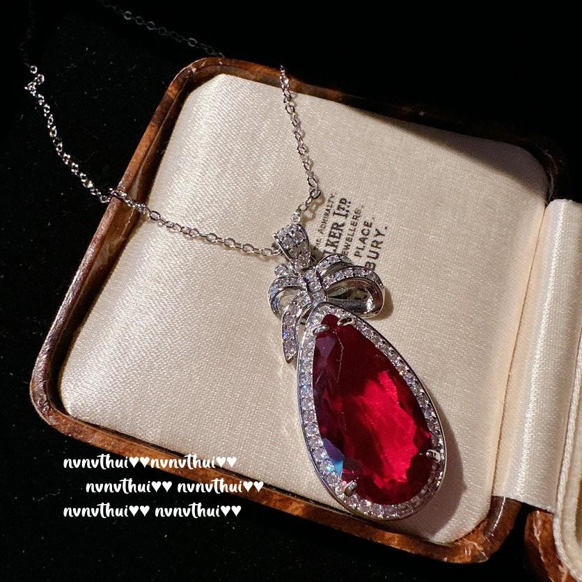 Gema Vermelha Sangue de Pombo de Mogok em Forma de Gota d'Água, Colar, Antigo, Banhado a Ouro 18K, Flor Magenta Zircônia para Senhora, Brincos