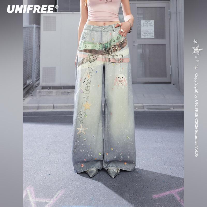 

UNIFREE Korean Style Doll Print Straight Leg Casual Pants L