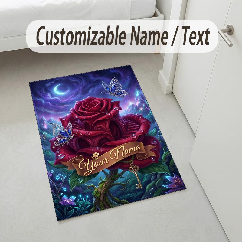 Roses Butterflies Theme Soft Crystal Velvet Rug Custom Name & Text Print Non Slip Floor Rug for Bedroom Living Room
