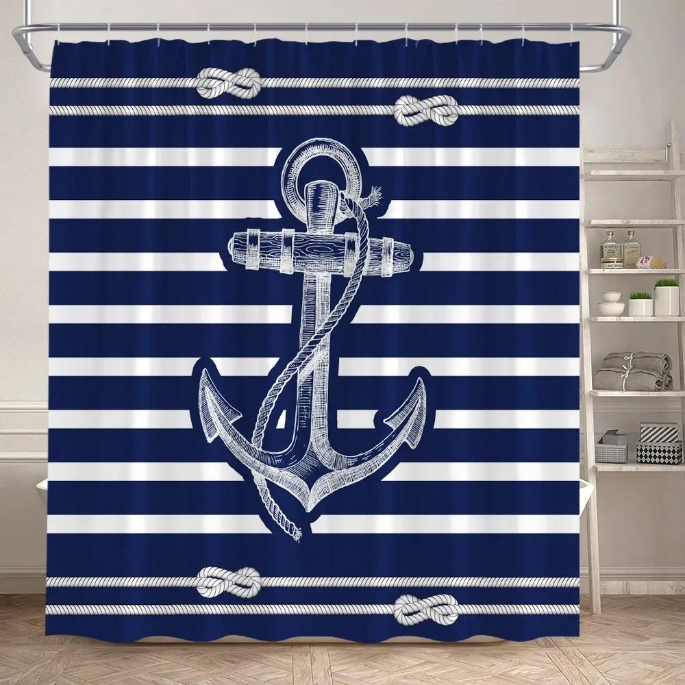 Blue And White Striped Shower Curtain Modern Geometric Nautical Anchor Bath Curtains Polyester Fabric Bathroom Decor with Hooks