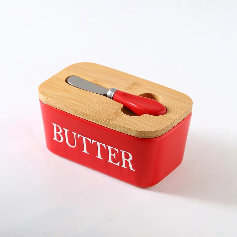 Ceramic Butter Box Butter Dish with Bamboo Lid and Knife Ceramic Butter Container with Lid for Countertop Butter Keeper Holder