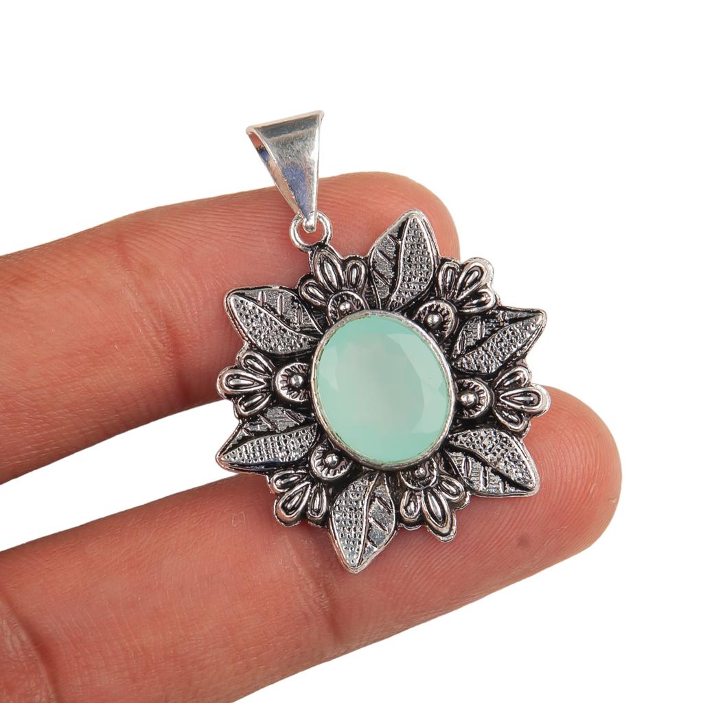Rare Aqua Chalcedony Gemstone 925 Sterling Silver Jewelry Handmade Pendant 1.59" CP-14-9