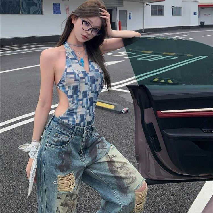 Designowe poczucie podartych dziur Szerokie jeansy damskie letnie z wysokim stanem Duże rozmiary Luźne spodnie żebraka Retro workowate długie jeansy dla pań