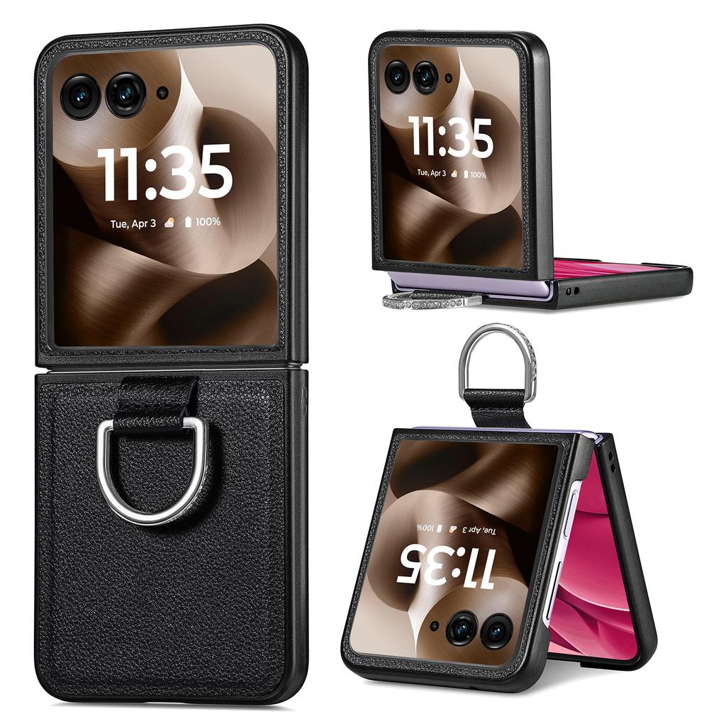Für Motorola Razr 60 Ultra 5G Hülle Litschi-Textur Leder + PC Handyhülle mit Ringhalter