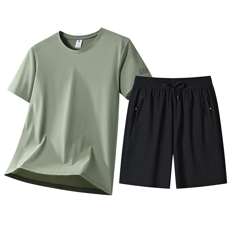 Ice Silk Short Sleeved Suit For Men, Thin, Breathable, Elastic, Cool And Fashionable T-shirt Shorts