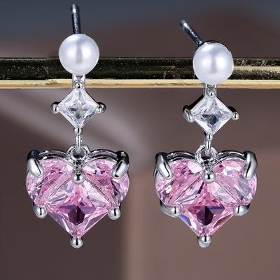 Orecchini pendenti a forma di cuore rosa con zirconi cubici alla moda per donne e ragazze, gioielli glamour, regalo di compleanno squisito.