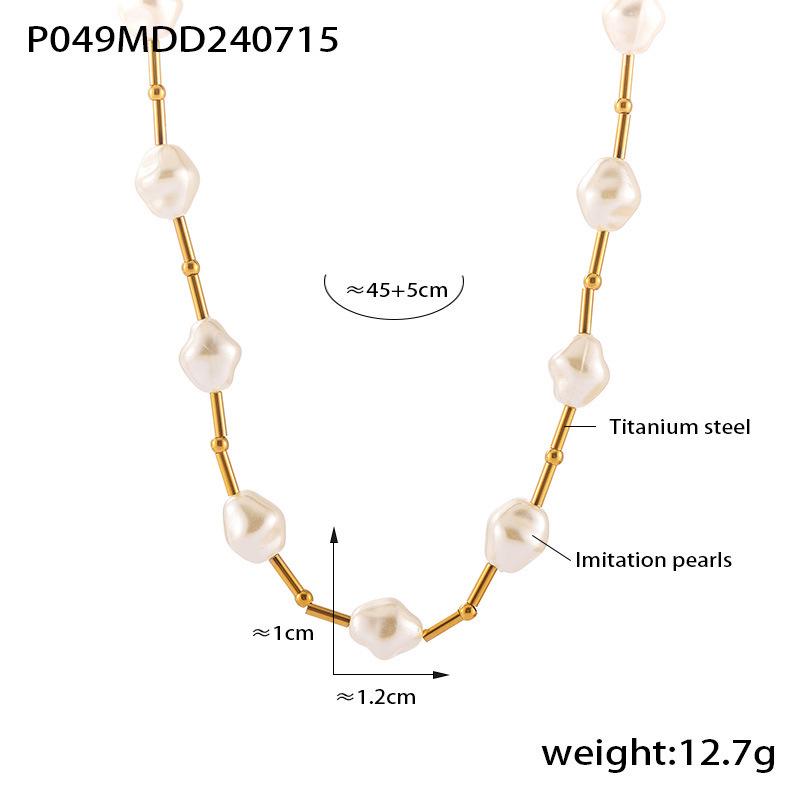New French Retro Cross Imitation Pearl Necklace: Titanium Steel Beaded Patchwork with 18K Gold Plating.