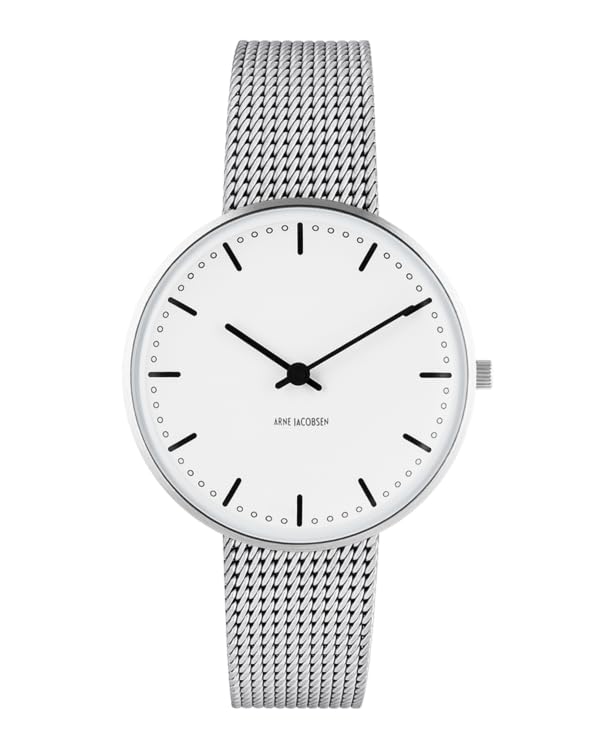 ARNE JACOBSEN CITYHALL 53201-1608 Wristwatch, 34mm, Scandinavian Design, Water Resistant (Quiet Design with No Second Hand), White with Silver Mesh