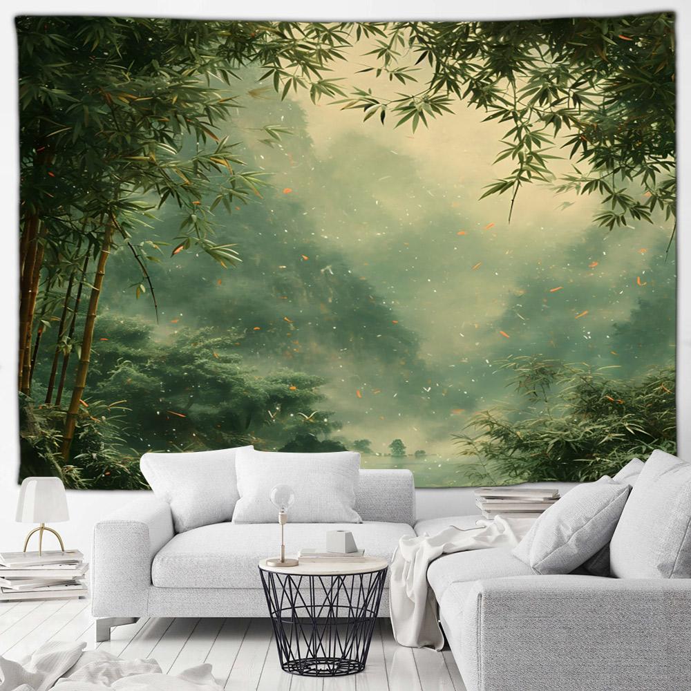 Japanese Landscape Tapestry Pink Cherry Blossom Flowers Misty Mountain Asian Scenery Home Living Room Bedroom Decor Wall Hanging