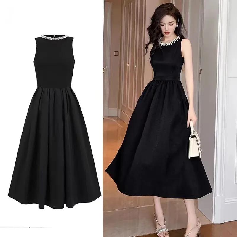 Vintage O-Ausschnitt Ärmelloses Abschlussball-Party-Ballkleid Elegantes Damen Perlen Sommer Tank Kleid für Damen