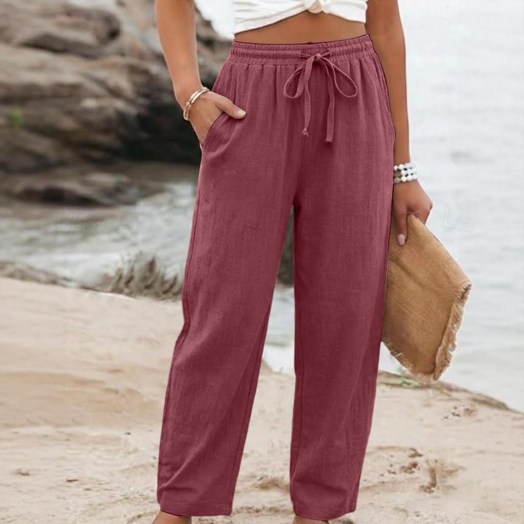 Women's Summer Wide Leg Pants, Elastic Waist Color Loose Fit Cotton Linen Trousers, Casual Long Pants