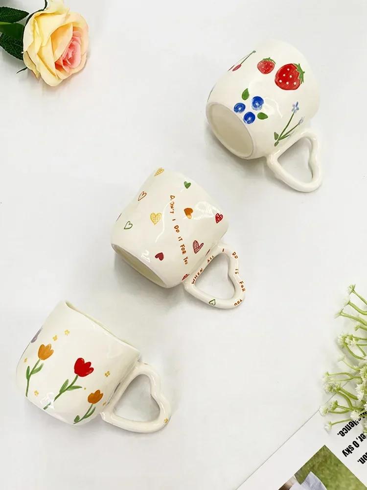 Creative Ceramic Coffee Mug Irregular Heart-shaped Handle Cute Hand Painted Pattern Mug Breakfast Milk Oatmeal Tea Cup Drinkware