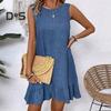 Summer Sundress Ruffle Hem Loose Sleeveless Round Neck Solid Color A-line Mini Dress for Beach Datings Vacation