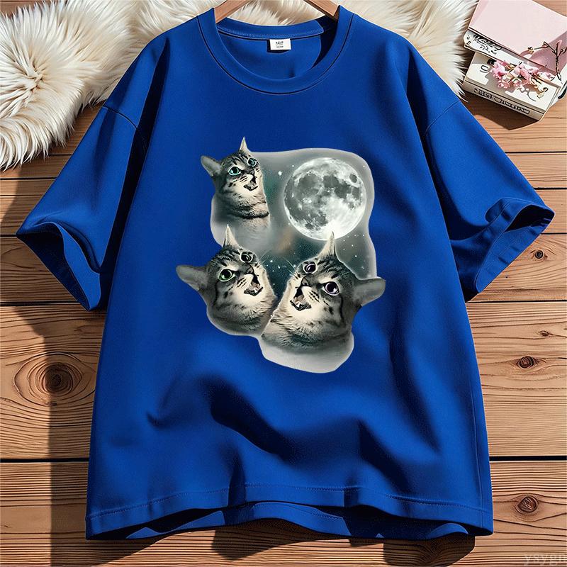 Three Cat Moon T Shirt Unisex Unisex Cotton Short Sleeve Funny Cat Parody TShirt Wolf Moon Cat Cute Kitten Tshirt Male Clothes Tops