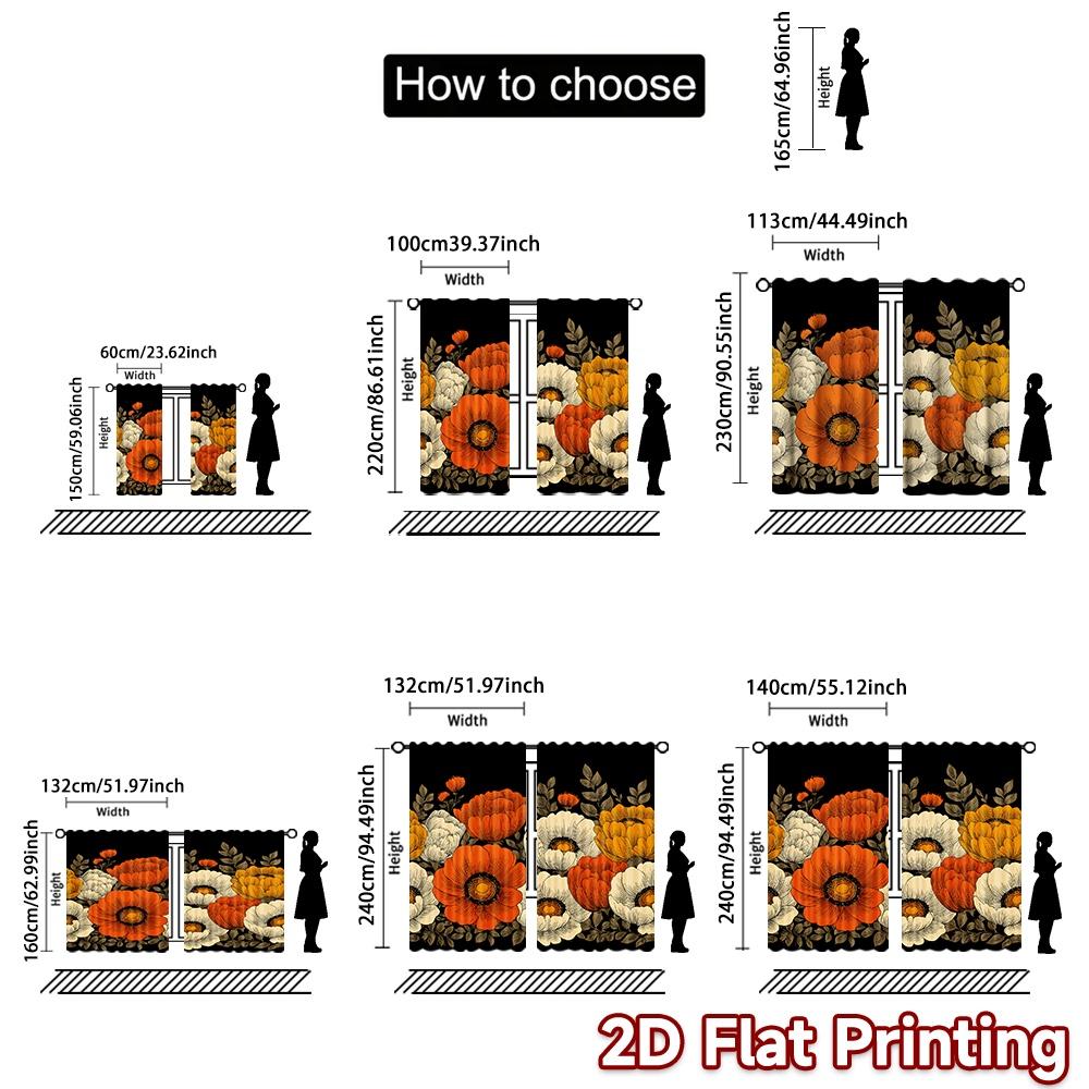 2D FLAT PRINTING 2pcs Curtains (Without Rod) Floral Pattern in Orange and White Modern Fashionable Curtainments during the