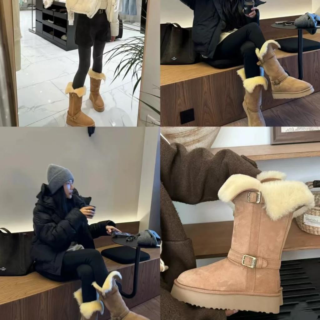 Cowhide Version Autumn and Winter New Two-wear Buckle Belt Thick-soled Fluffy Flanged Warm Cotton Shoes Medium Tube Snow Boots