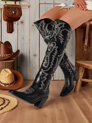 Dames Borduurde Westerse Cowgirl Hoge Laarzen Puntige Neus Dikke Hakken Vintage Buiten Schoenen Cowboy Over de Knie Laarzen