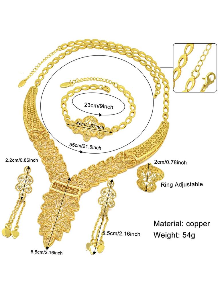 Dubai Wedding Jewelry Set: Ethnic Brass Gold-Plated Necklace, Earrings, Ring, and Bracelet.