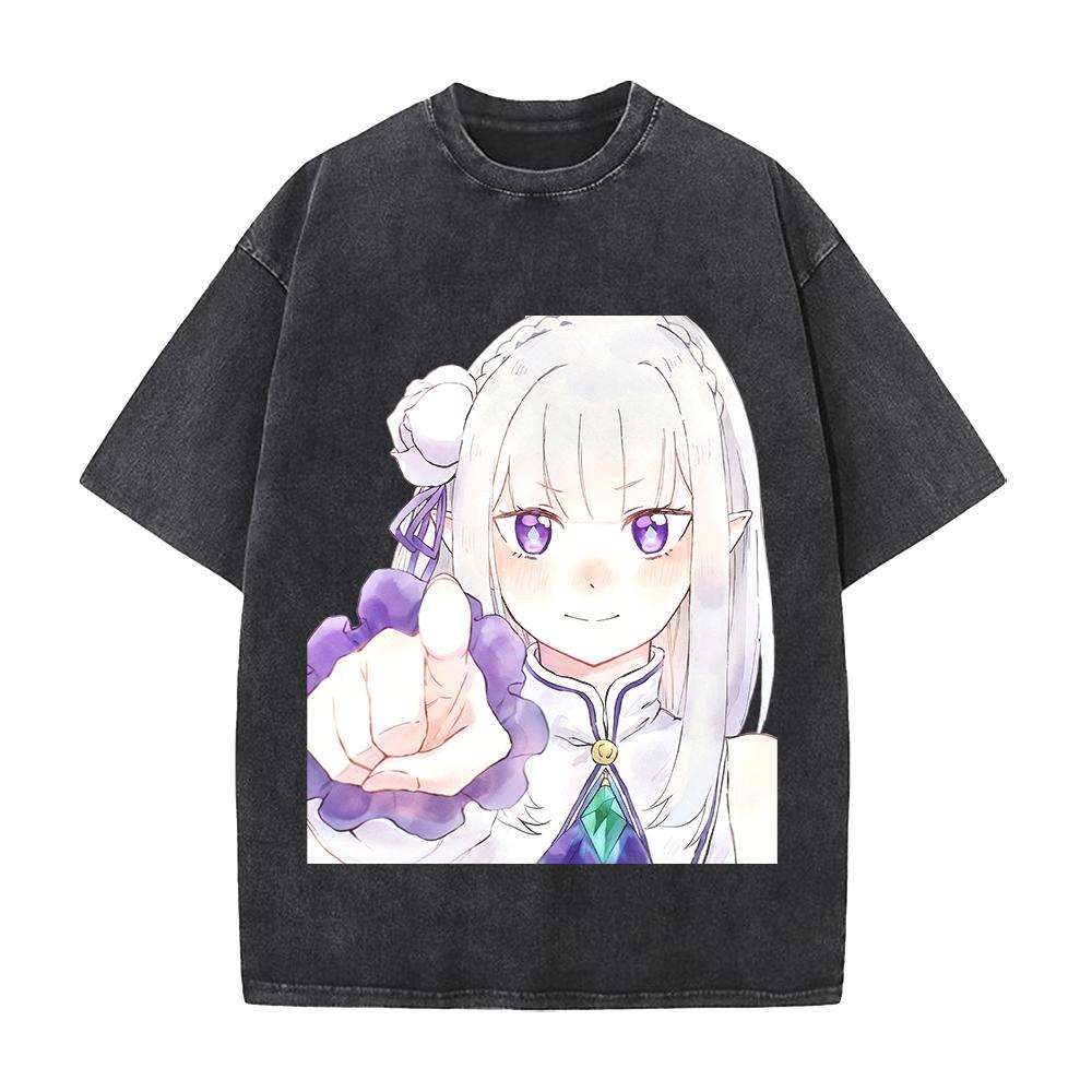 Emilia Re ZERO Kawaii Graphic T Shirt Men Women Short Sleeve Cotton Tshirts Vintage Washed Tee Harajuku Male Oversized T-shirt