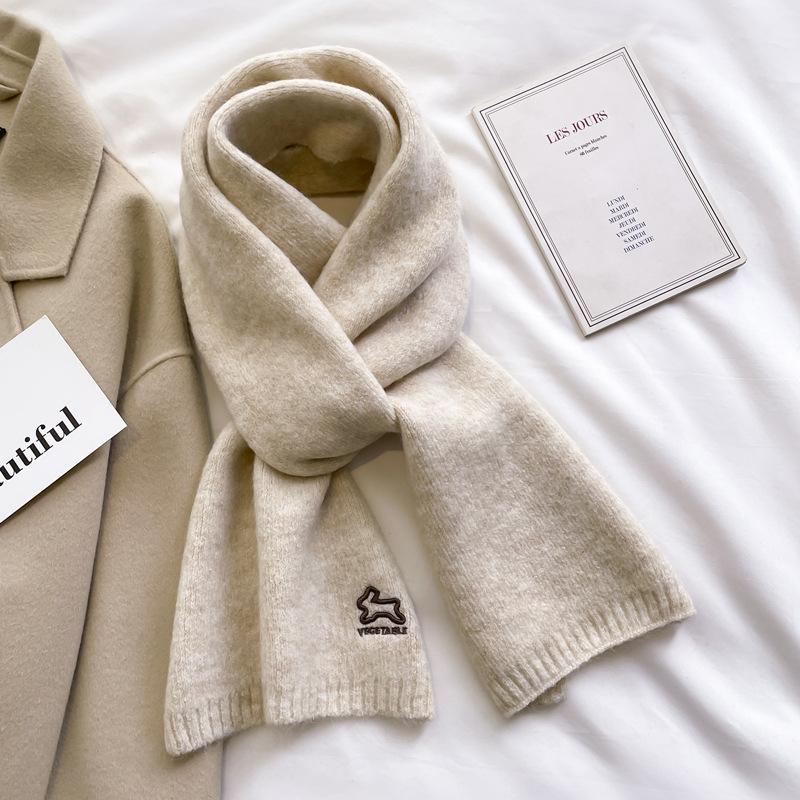 Knitted wool scarf boys and girls winter solid color milky white beige short small scarf neck protection warm soft waxy versatile