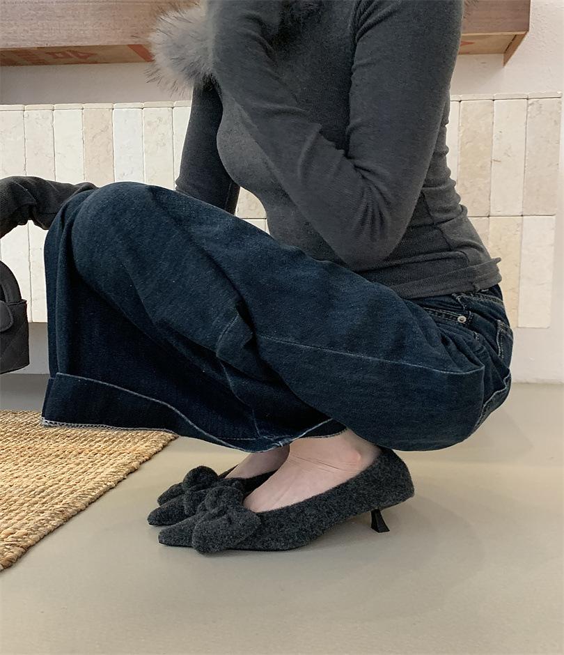 Bow-tie fluffy shoes female outer wear winter new products gentle fairy flat-bottomed velvet cotton shoes Doudou shoes