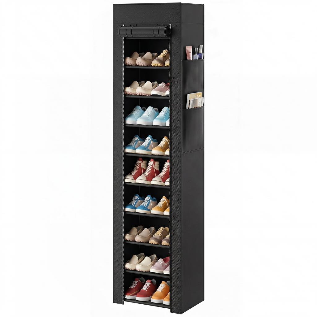 Metal Shoe Rack with Dustproof Fabric Cover, for up to 20 Pairs of Shoes, 45 x 30 x 175 cm, Black