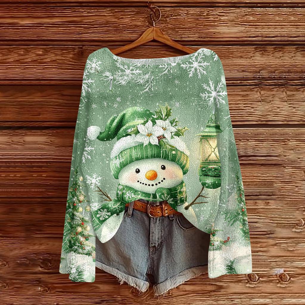 Women's Fashion Christmas Print Lightweight Sweater Casual Long-Sleeve Knit Pullover Top
