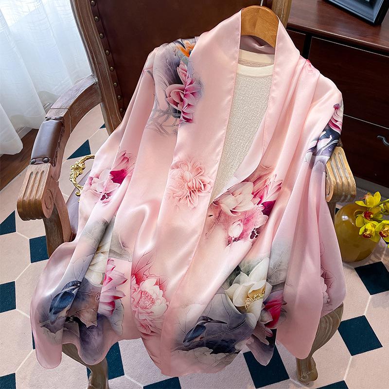 Luxury Brand 100% Real Silk Scarf Women Designer Shawls and Wraps Elegant Floral Print Pashmina Soft Long Scarves Femme Hijab