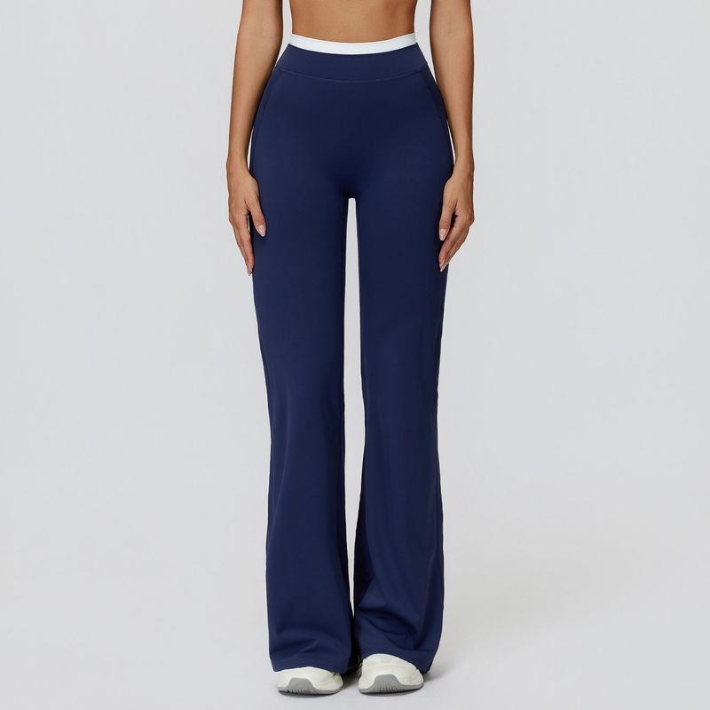 

American Style Color-Blocking Nude-Feel Yoga Pants for Women, Loose Wide-Leg, Faux Two-Piece, High-Waisted, Casual, Slightly Flared, Sports Fitness Badge Blue L