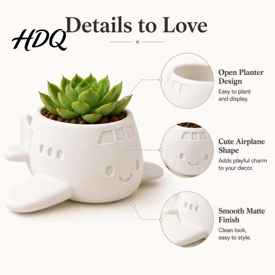 Creative Office Plant Holder 3D Printed Cartoon Airplane Succulents Pot Cute Desktop Flower Pot Indoor Window Sill Container for Small Plants,