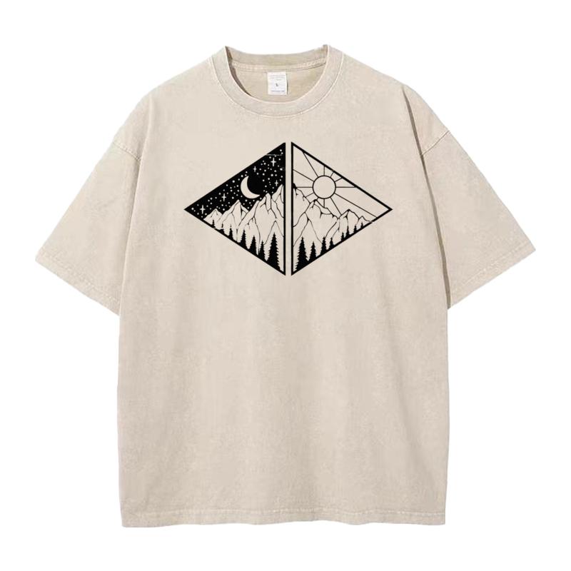Rectangular Black Mountain Pure Cotton Men Tops  Tees Vintage Mother Day Retro Washed T Shirts Loose Round Neck Washed T Shirts