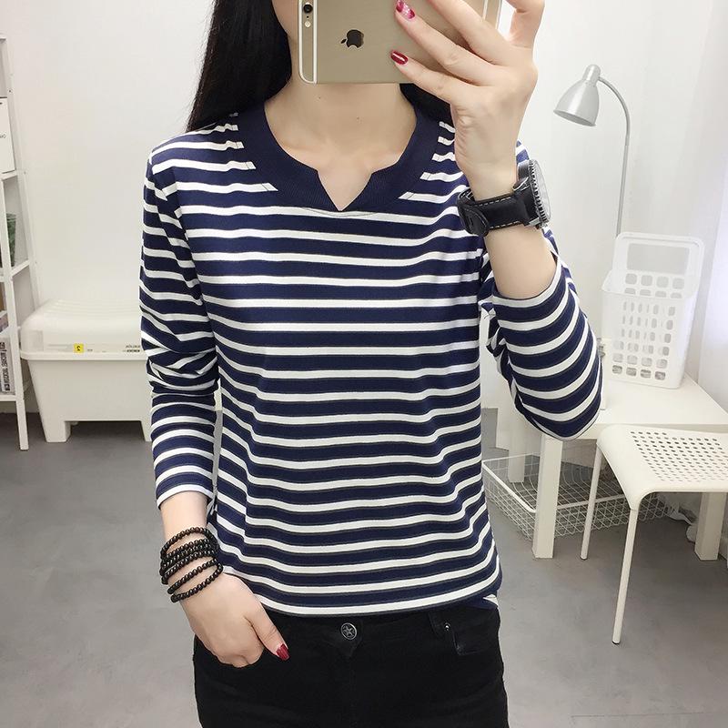 2024 Women's Loose Striped V-Neck Long-Sleeve T-Shirt - Versatile Spring Top