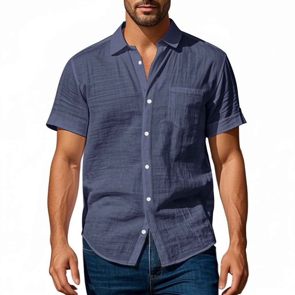 2025 Summer Men Short Sleeve Shirt Men Solid Color Patch Pocket Shirts Male Loose Lapel Linen Shirt Men Formal Beach Shirt