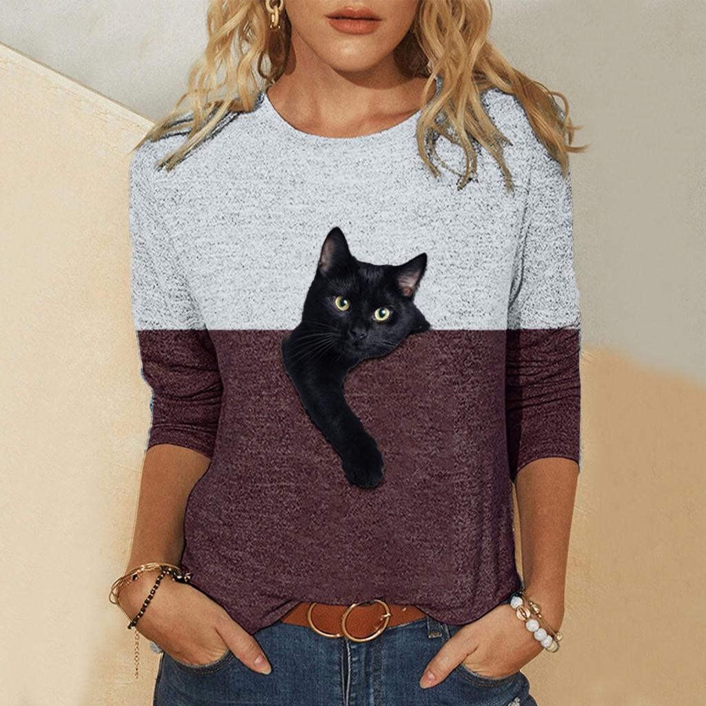 Plus Size Cat Blouses 5xl Casual Contrast Color Cat Print Shirts Cotto Blend Long Sleeve Shirt For Women Blusas De Mujer