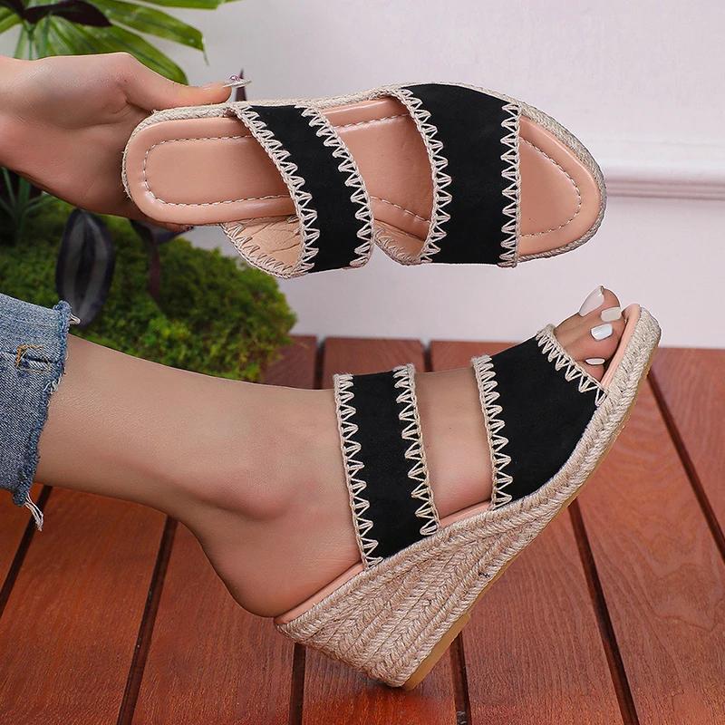 Fashion Vintage Embroidery Wedge Heel Sandals Women Summer Plus Size High Heels Rome Shoes Woman Lightweight Vacation Beach Slippers 43