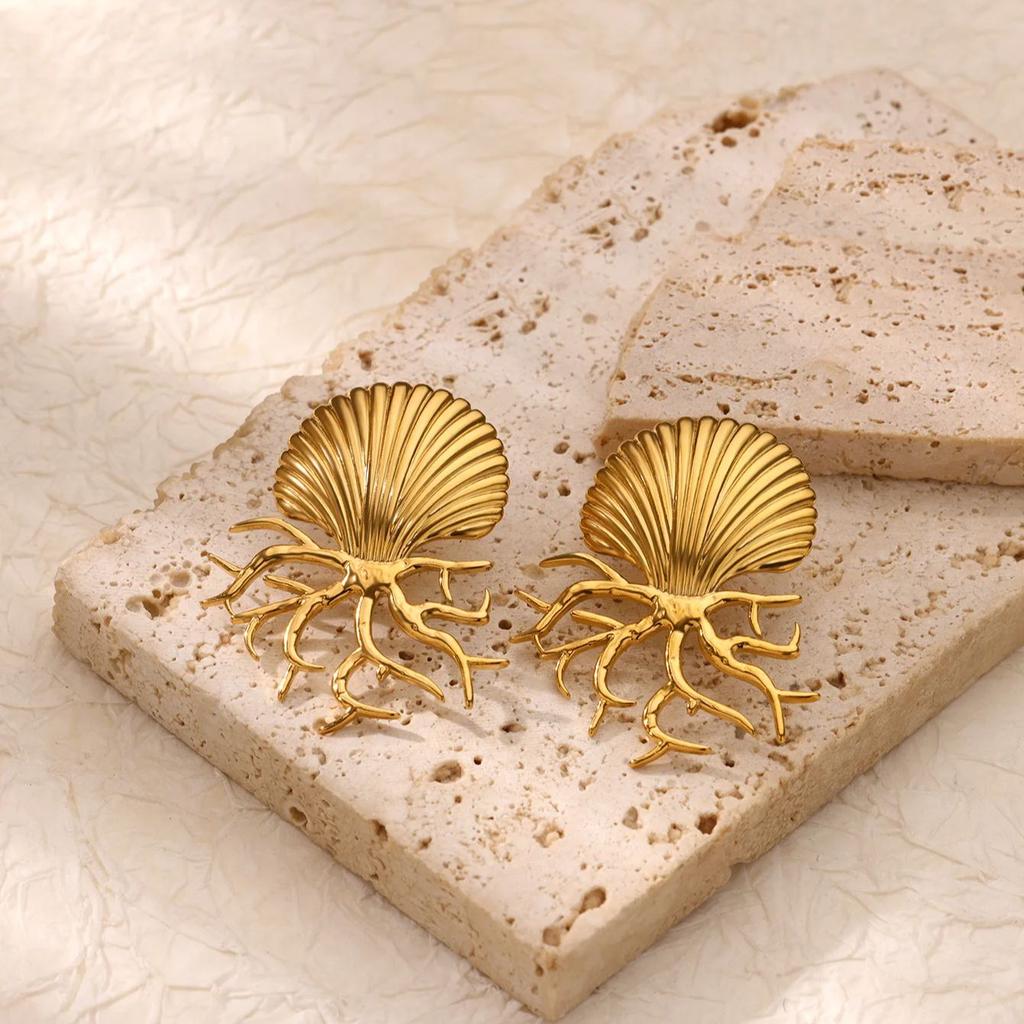 Exaggerated Shell Earrings For Women Gold Color Stainless Steel Shell Earring Summer Ocean Jewelry Gift BFF