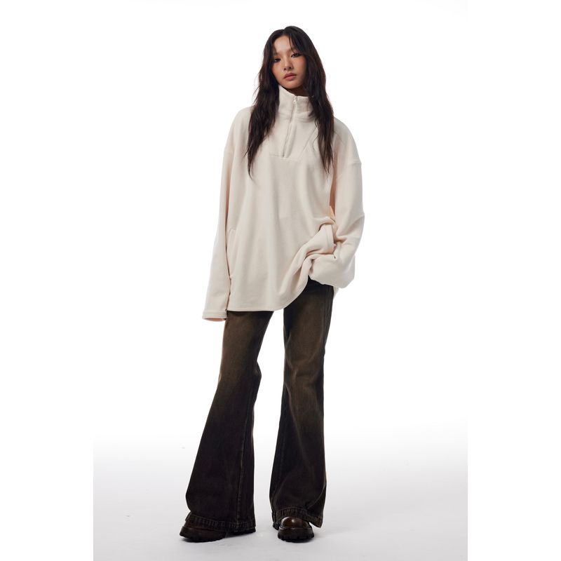 

Thelight Creamy-white Soft Fluffy Half Zipper Turtleneck Pullover Loose Casual Fall and Winter Men and Women Beige L