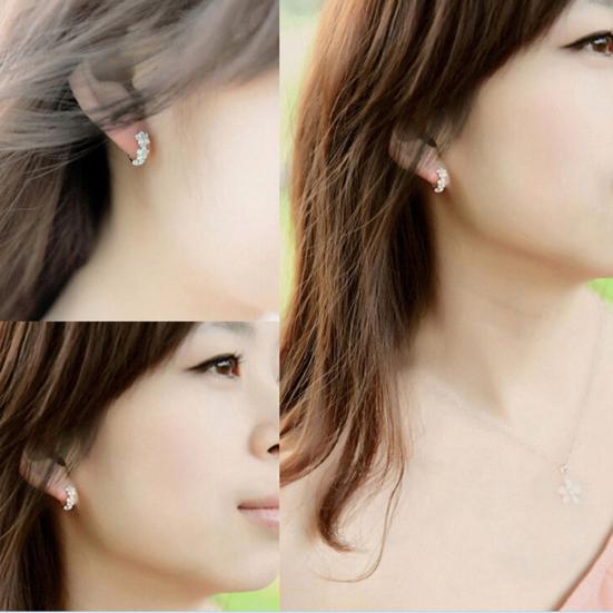 Lady Flower Faux Sweet Rhinestone Huggie Silver Plated Earrings Hoops