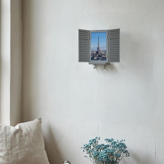 Mediterranean Window Photo Key Holder, Wall Mount Picture Frame Key Hanger, Decorative Window Key Hook Rack for Home, Office