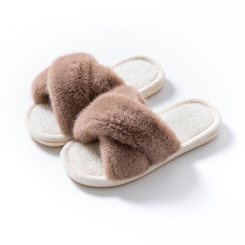Children's and Women's Winter Fur Cross-Strap Cotton Slippers, Warm, Non-Slip for Home Use