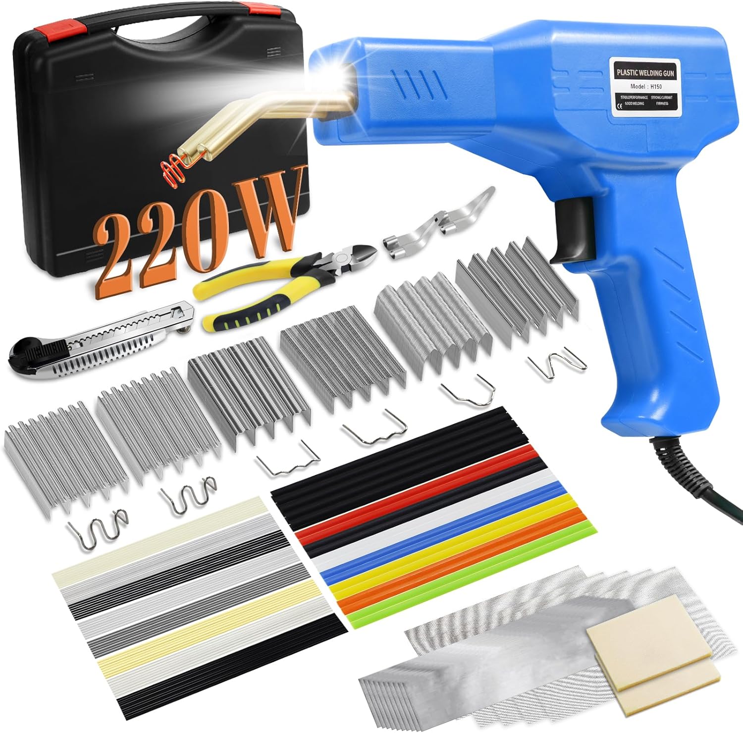 

220W Plastic Welder, 2-in-1 Repair Kit with 1000 Hot Staples & 92 Rods for Car Bumper Cracks (Red)
